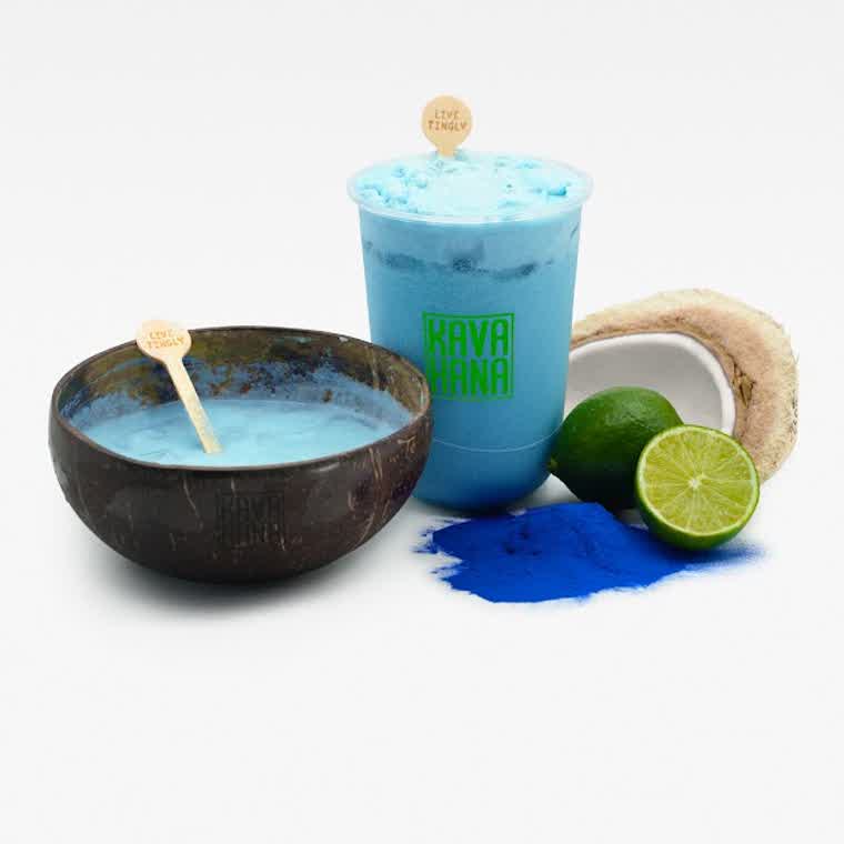 Blue spirulina Kava Nectar in the coconut bowl and cup