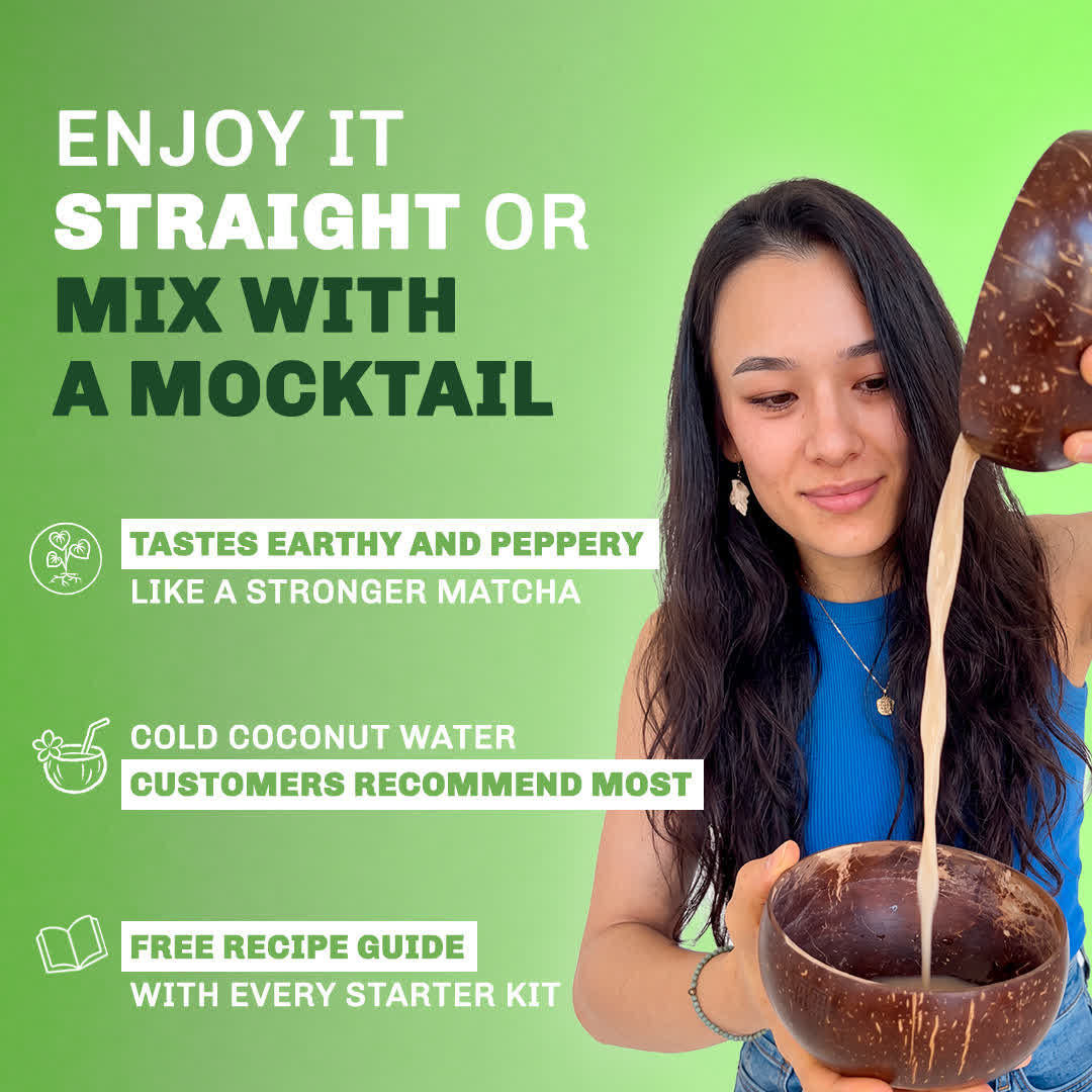 Nobody drinks it straight and that is fine: earthy like a stronger matcha, best with cold coconut water