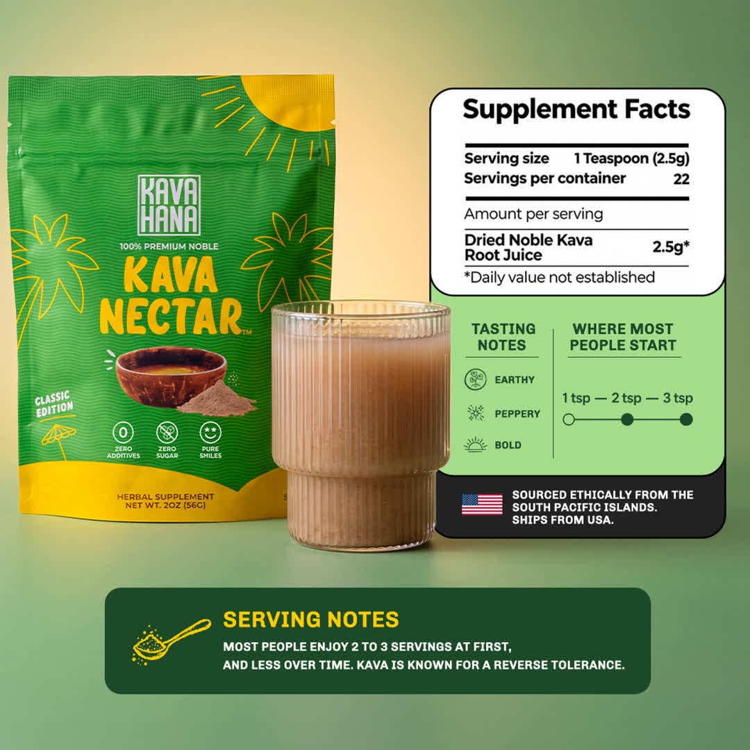 Supplement facts: 1 teaspoon of dried noble kava root juice per serving, tasting notes and where most people start